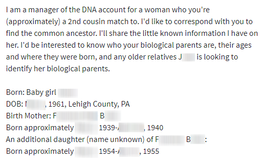 Birth mother's biological relative letter